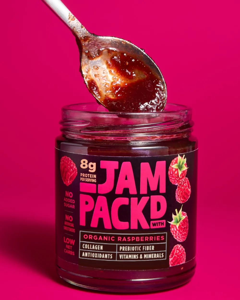 Jam Packd raspberry protein jam packaging